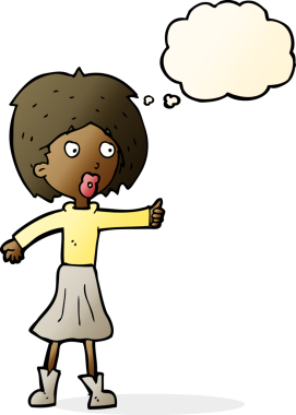 Bir insan tarafından çizilmiş düşünce baloncuğu olan çizgi film kadını.