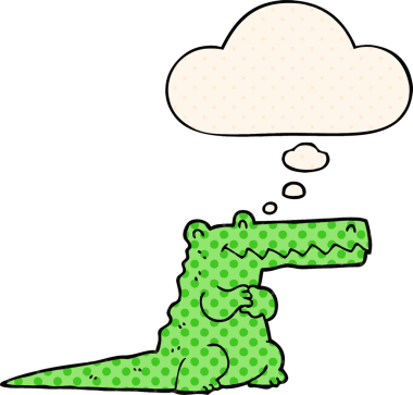 Çizgi roman tarzında bir insan tarafından çizilmiş düşünce baloncuğu olan çizgi film timsahı.