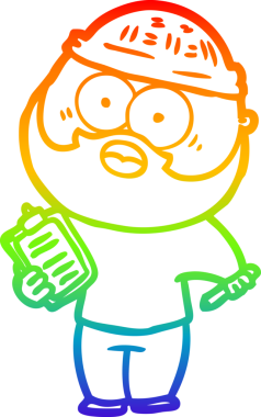 Gökkuşağı gradyan çizgi çizimi bir insan tarafından çizilmiş pano ve kalemle sakallı bir adamın çizimi