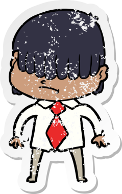 Bir insan tarafından çizilmiş dağınık saçlı bir çizgi film çocuğunun sıkıntılı çıkartması.