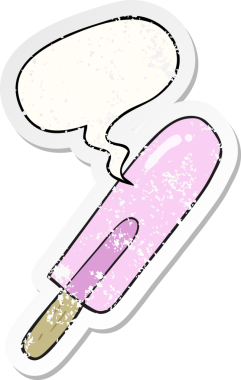Karikatür buz lolipopu, konuşma baloncuğu bir insan tarafından çizilmiş sıkıntılı eski bir çıkartma.