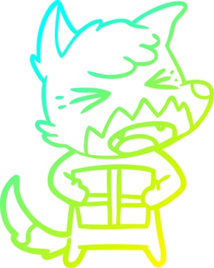 Bir insan tarafından çizilmiş yılbaşı hediyesiyle kızgın bir tilkinin soğuk gradyan çizimi