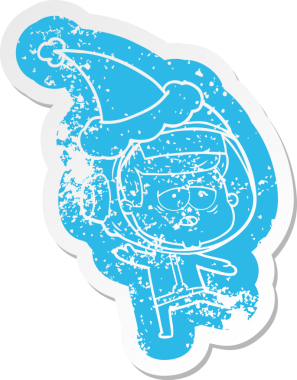 Bir insan tarafından çizilmiş Noel Baba şapkası giyen yorgun bir astronotun garip bir karikatürü.