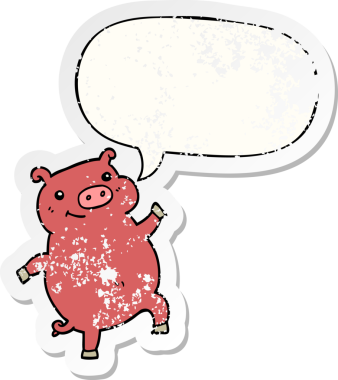 Konuşma balonlu dans eden domuz bir insan tarafından çizilmiş sıkıntılı eski bir çıkartma.