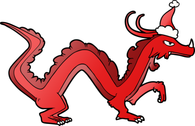 Bir insan tarafından çizilmiş Noel Baba şapkası giymiş bir ejderhanın el çizimi karikatürü.