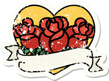 Geleneksel bir kalp stili ve insan tarafından çizilmiş çiçekli pankart dövmesi.