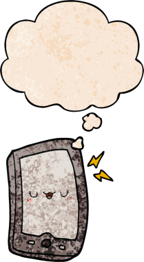 Bir insan tarafından çizilmiş grunge desen biçiminde düşünce baloncuğu olan sevimli çizgi film cep telefonu.