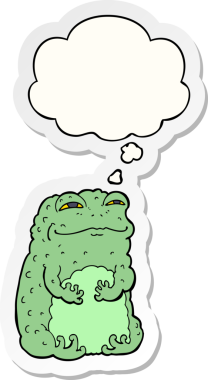 İnsan tarafından çizilmiş bir çıkartma olarak düşünce baloncuğu olan kendini beğenmiş karikatür kurbağası.
