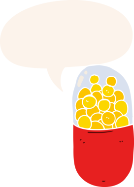 bir insan tarafından çizilmiş, konuşma baloncuklu çizgi film hapı.