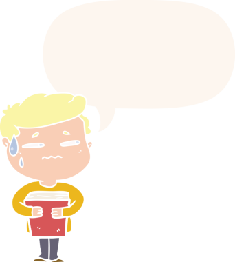 Çizgi filmlerdeki endişeli çocuk elinde konuşma balonu taşıyan bir insan tarafından çizilmiş bir kitap taşıyor.