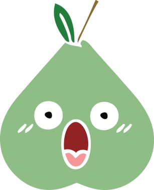 Bir insan tarafından çizilmiş yeşil bir armutun düz renkli retro karikatürü