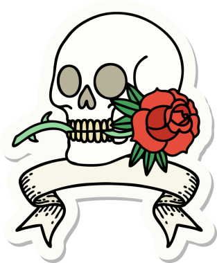 Bir insan tarafından çizilmiş kafatası ve gül şeklinde dövme stili.