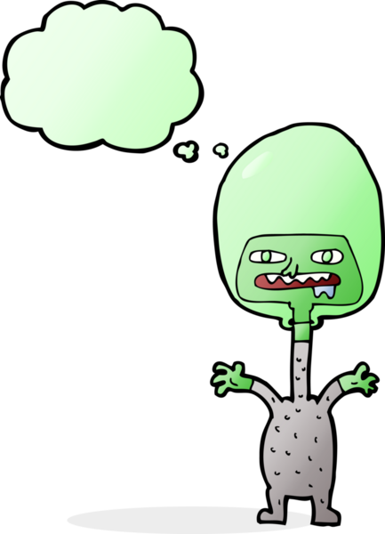 Bir insan tarafından çizilmiş düşünce baloncuğu olan bir uzaylı çizgi filmi.