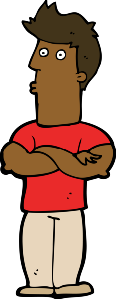 Bir insan tarafından çizilmiş kolları katlanmış çizgi film adamı.