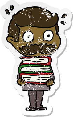 Bir insan tarafından çizilmiş bıyıklı ve kitaplı karikatür adamın sıkıntılı çıkartması.