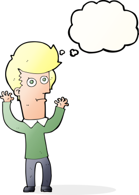 Bir insan tarafından çizilen düşünce baloncuğuyla şok olmuş bir adam.