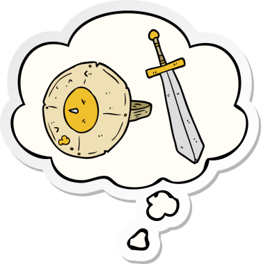 Düşünce baloncuklu çizgi film kalkanı ve kılıcı insan tarafından çizilmiş bir çıkartma gibi.