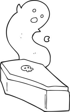 Bir insan tarafından çizilmiş siyah beyaz karikatür korkunç tabut.