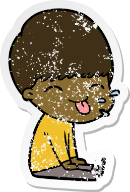 Bir insan tarafından çizilmiş dili çıkmış bir çizgi film çocuğunun sıkıntılı çıkartması.