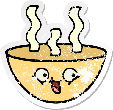 Bir insan tarafından çizilmiş sıcak çorba kasesinin hüzünlü çıkartması.