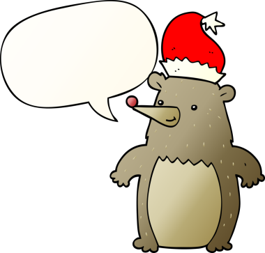 Çizgi film ayısı, bir insan tarafından çizilmiş, konuşma baloncuklu Noel şapkası takıyor.