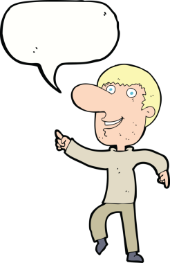 Bir insan tarafından çizilmiş konuşma balonuyla dans eden mutlu adam çizgi filmi.