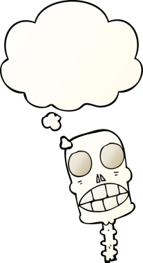 Bir insan tarafından çizilmiş, düşünce baloncuklu, karikatürlü, ürkütücü kafatası.