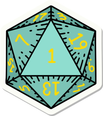 Bir insan tarafından çizilmiş doğal 1 D20 zar etiketi.