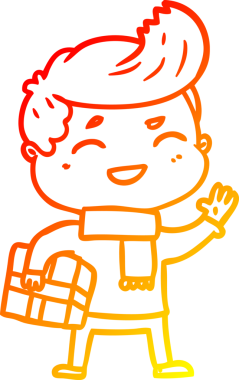 Bir insan tarafından çizilmiş paketle gülen bir çizgi film karakterinin sıcak çizgi çizimi