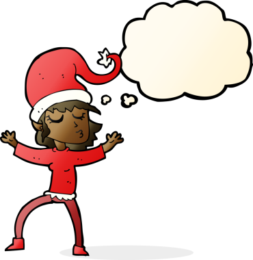 Noel Baba 'nın insan tarafından çizilmiş düşünce balonlu yardımcı karikatürü.