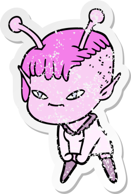 Bir insan tarafından çizilmiş sevimli uzaylı bir kızın sıkıntılı çıkartması.