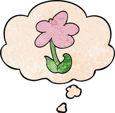 Bir insan tarafından çizilmiş grunge desen tarzında düşünce baloncuğu olan sevimli çizgi film çiçekleri.