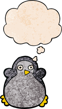 Bir insan tarafından çizilmiş grunge desenli düşünce baloncuklu penguen çizgi filmi.