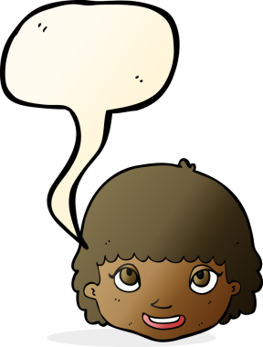 Bir insan tarafından çizilmiş konuşma balonlu mutlu kadın yüzü.