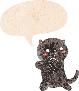 Grunge 'da konuşma baloncuğu olan sevimli çizgi film kedisi bir insan tarafından çizilmiş sıkıntılı retro dokuma tarzı