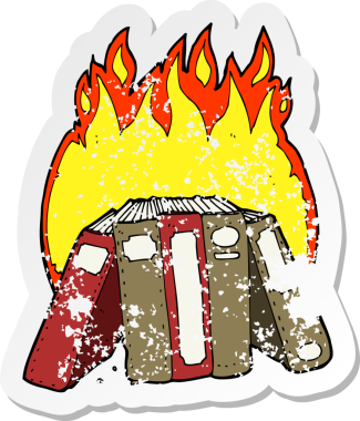 Bir insan tarafından çizilmiş kitapları yakan bir karikatürün gerilimli yapıştırması.