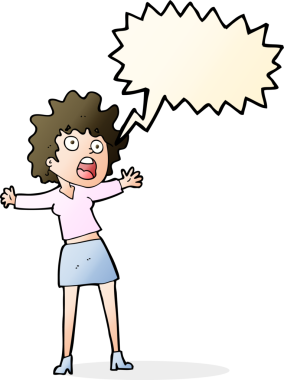 Bir insan tarafından çizilmiş konuşma baloncuğu olan korkmuş kadın çizgi filmi.