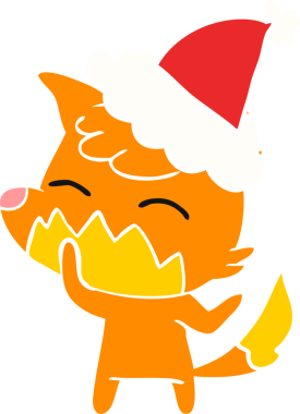 Bir insan tarafından çizilmiş Noel Baba şapkası takan bir tilkinin düz renkli çizimi.