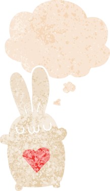 Sevgi dolu karikatür tavşanı. Düşünce baloncuğu ve grunge dertli retro tarzı bir insan tarafından çizilmiş.
