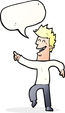 Çizgi filmci bir insan tarafından çizilmiş konuşma balonuyla gülüyor ve işaret ediyor.