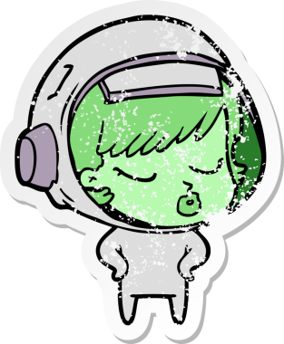 Bir karikatür çıkartması. Bir insan tarafından çizilmiş güzel astronot kız.