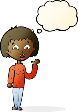 Bir insan tarafından çizilmiş düşünce baloncuğuyla el sallayan çizgi film kadını.