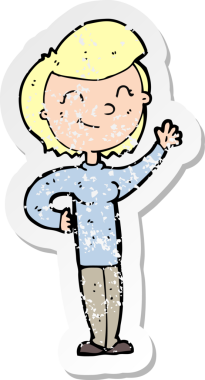 Bir insan tarafından çizilmiş, karikatür dostu, el sallayan bir kadının gerilimli çıkartması.