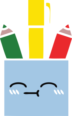 Bir insan tarafından çizilmiş bir kalem tenceresinin düz renkli retro karikatürü