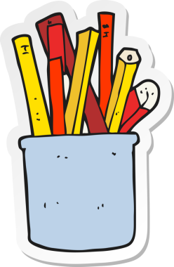 Bir insan tarafından çizilmiş kalem ve kalem dolu bir karikatür masası etiketi.