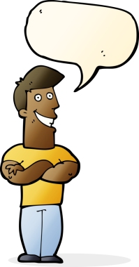 Bir insan tarafından çizilmiş konuşma balonuyla sırıtan çizgi film adamı.