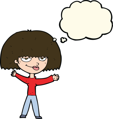 Bir insan tarafından çizilmiş düşünce balonu olan kendini beğenmiş bir karikatür kadını.