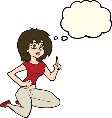 Bir insan tarafından çizilmiş düşünce baloncuğu olan bir kadın.