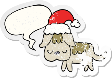 Konuşma baloncuğu olan şirin bir Noel köpeği, bir insan tarafından çizilmiş sıkıntılı eski bir çıkartma.