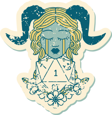 Bir insan tarafından çizilmiş doğal bir D20 zarla bağlanmış ağlama etiketi.